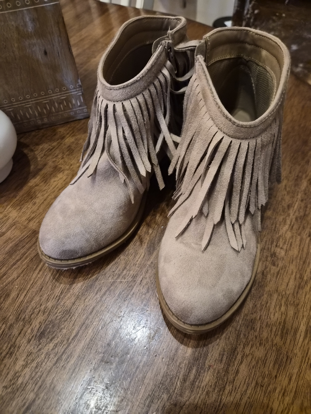 Fringe Suede Ankle Boots - Taupe Women’s Booties